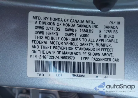 2018 Honda Civic Ex из США, поврежденный, VIN 2HGFC2F74JH603579